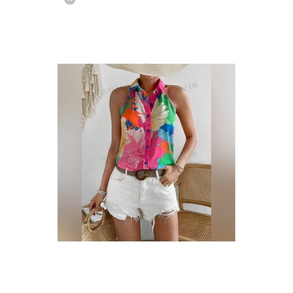 SHEIN Blouse Adult M Floral Colorful SemiSheer Shirt Women Buttons Sleeveless - Picture 2 of 12